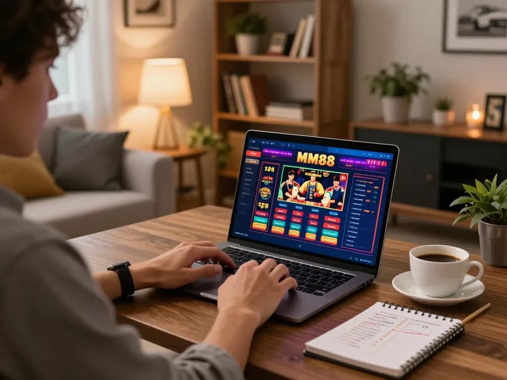 Engaged player exploring thrilling MM88 games on a laptop in a cozy home setting.