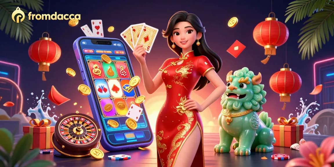 Experience thrilling gaming with fromdacca in a vibrant 3D scene, showcasing a woman in qipao with golden playing cards.