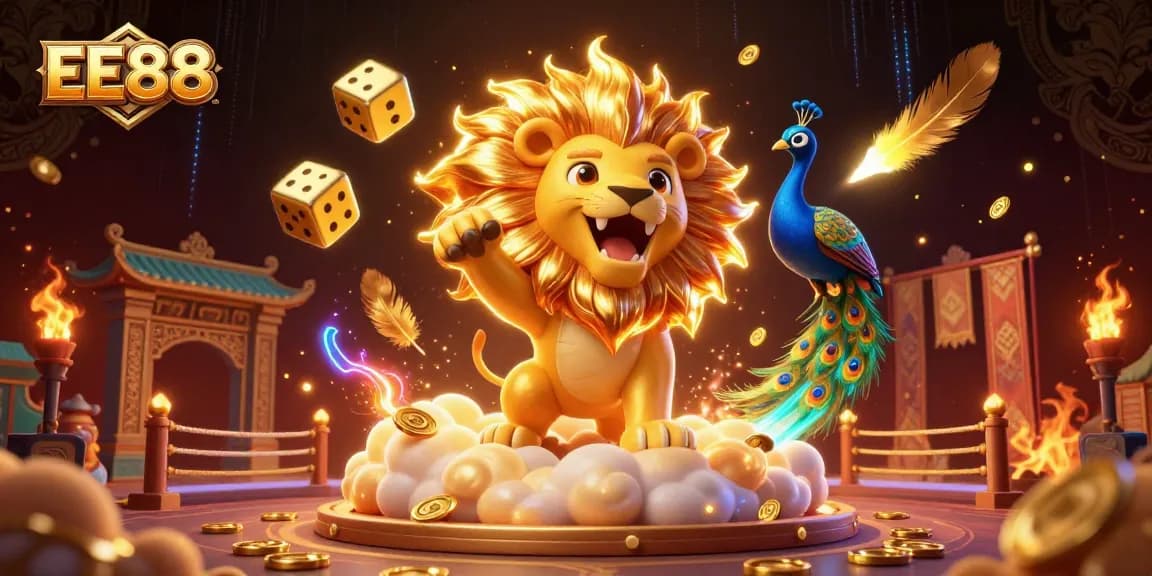 Win big with EE88's dynamic casino games, featuring a vibrant 3D scene of exciting gaming elements.