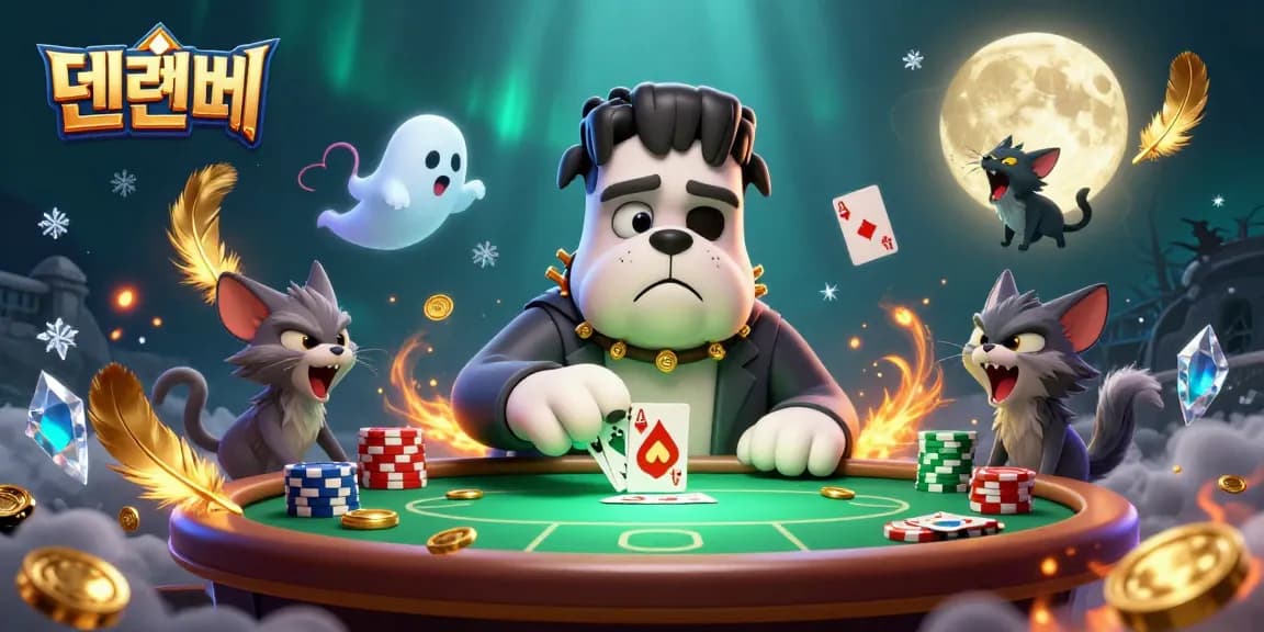Play cards with a 3D cartoon Frankenstein bulldog at 텐텐벳, surrounded by gold tokens and vibrant effects.