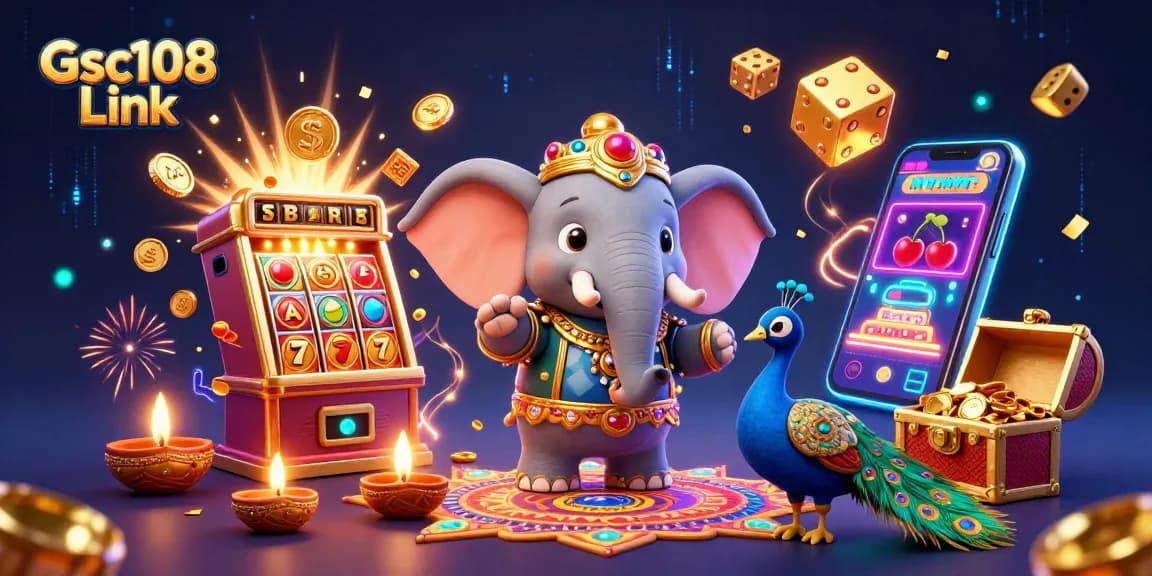 Menghadirkan Gsc108 Link, gajah tema Diwali dan simbol kasino dalam ilustrasi 3D menarik.