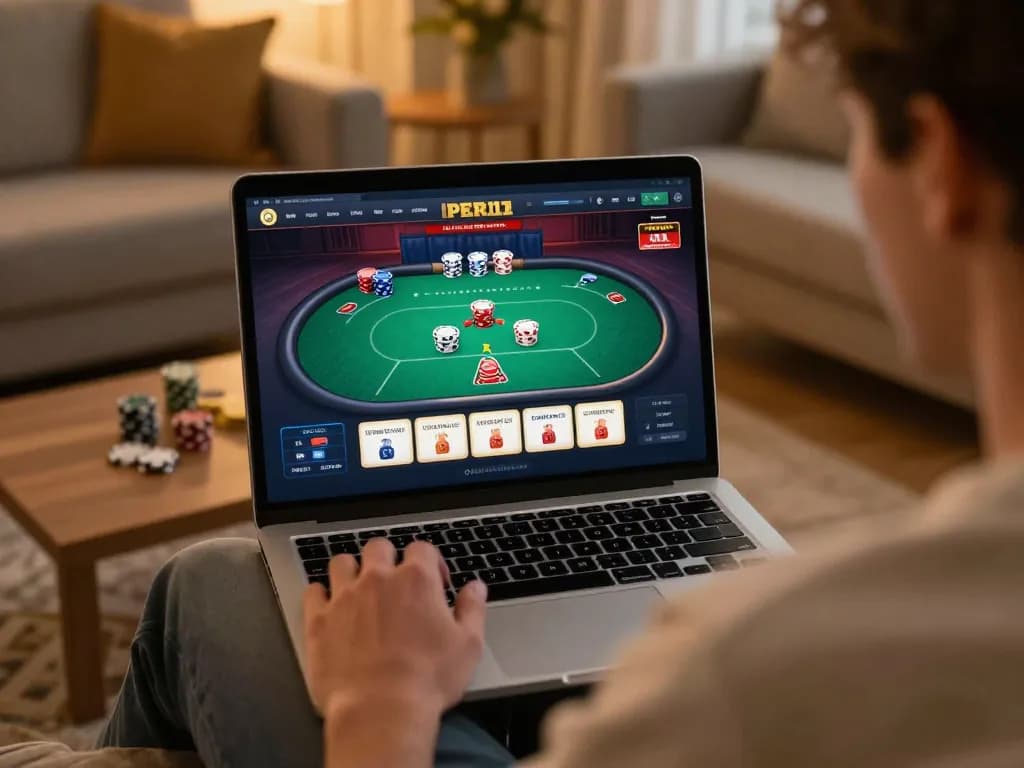 Engaging with the PERI11 platform while strategizing bets in a cozy home environment.