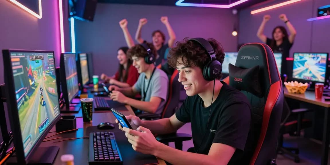 Player enjoying Zowin APK on Android device in an energetic gaming lounge.