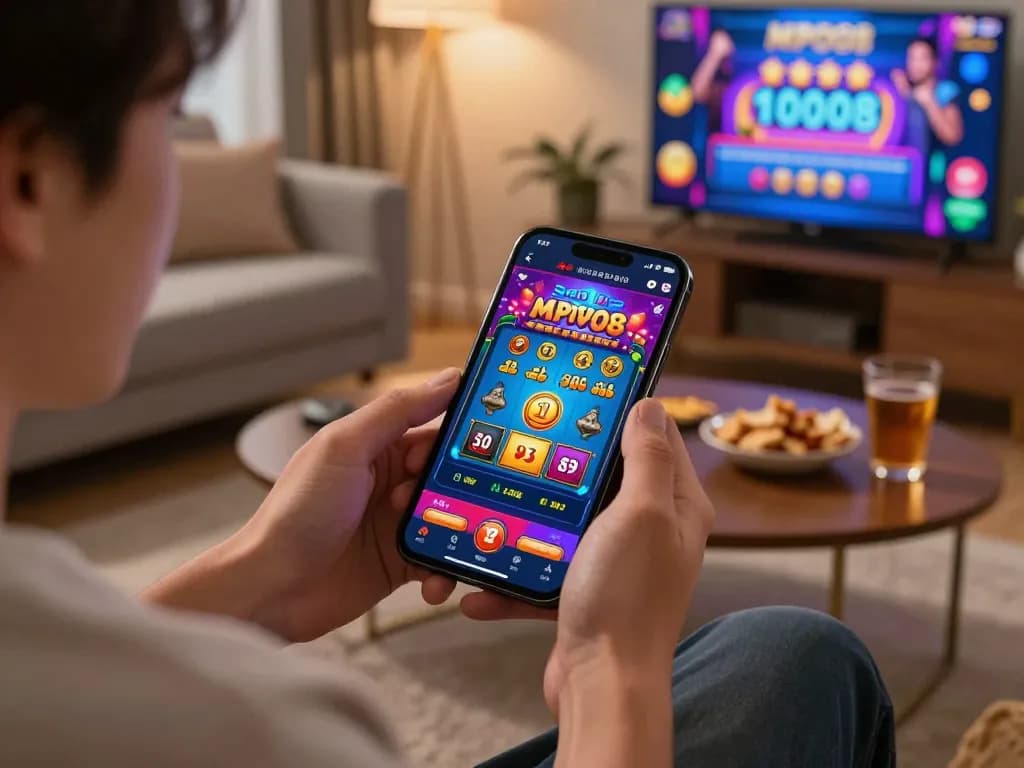 MPO08 player strategizes online while enjoying dynamic mobile gaming in a cozy living room.