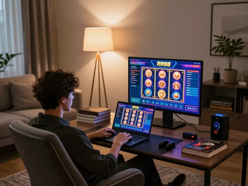 Player exploring RR88 online casino on laptop, showcasing vibrant games in a cozy living setup.