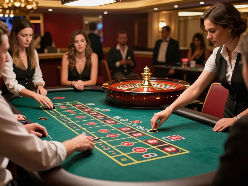 Pemain MPO1221 memasang taruhan di meja roulette dalam suasana kasino yang vibrant, menampilkan permainan strategis dan kegembiraan.