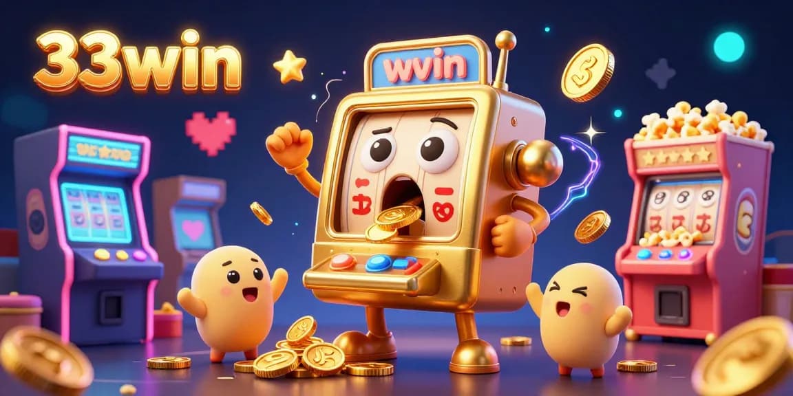 Engage with the excitement of 33win as a golden slot machine celebrates its jackpot amid flying coins and cheering machines.