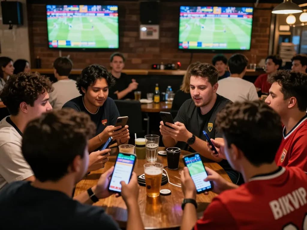 Fans engaged in mobile sports betting on Rikvip app during game night