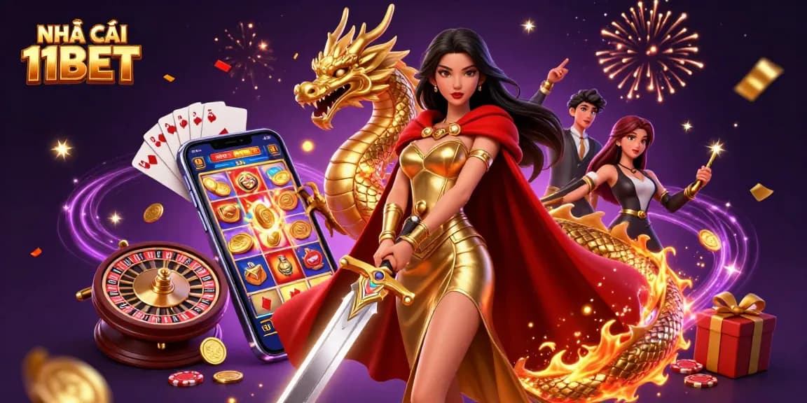 Experience the thrill of betting with NHÀ CÁI 11BET in this vibrant casino illustration featuring dynamic game elements.