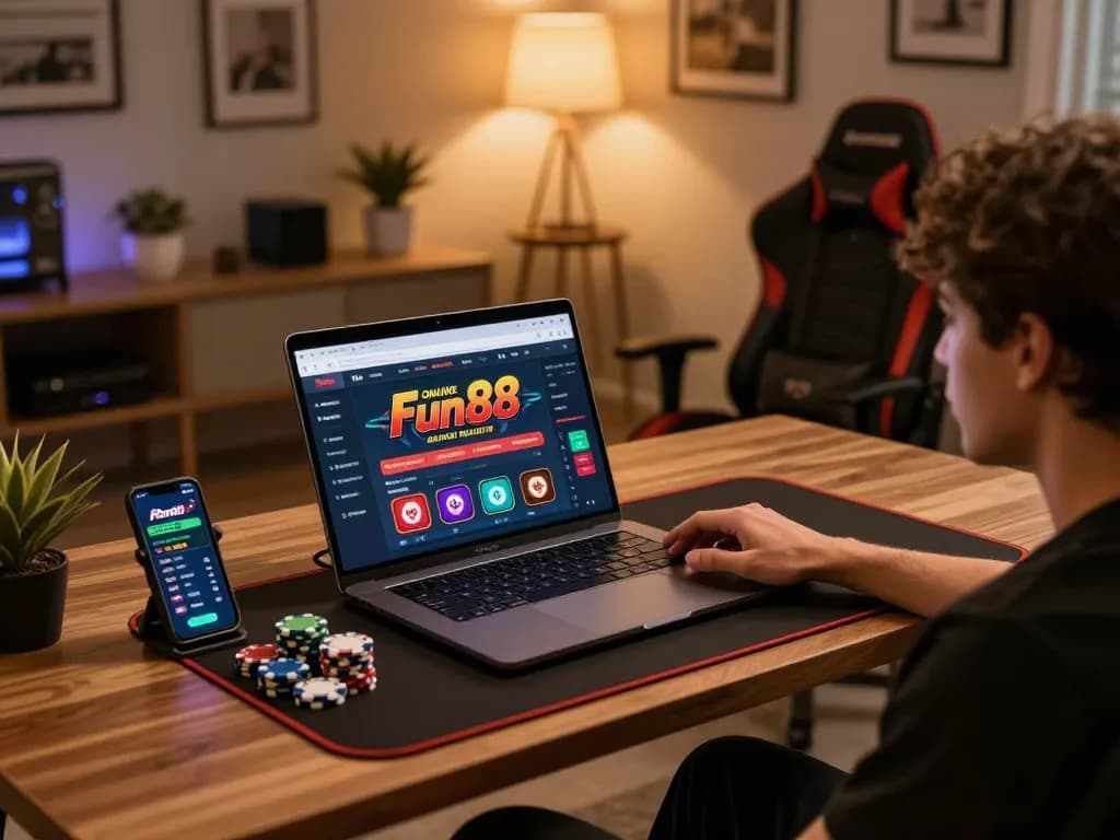 Engage in fun88's online casino gaming with a laptop and poker chips in a cozy home setup.