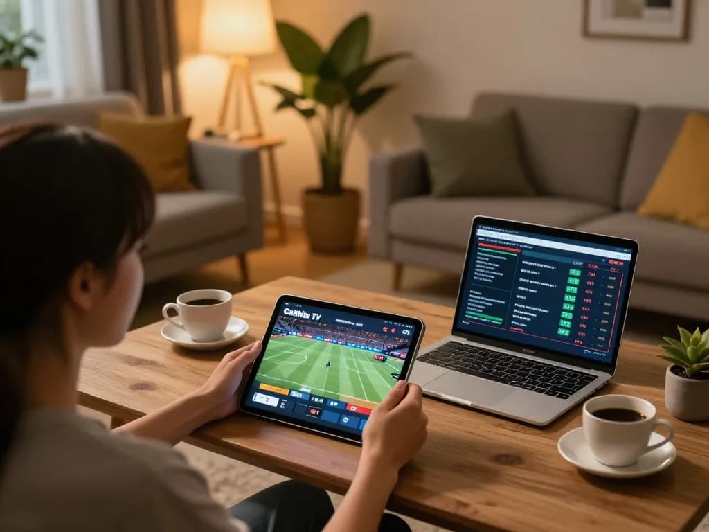 Cakhia TV user engaged in live sports betting setup at home, showcasing online gaming experience.