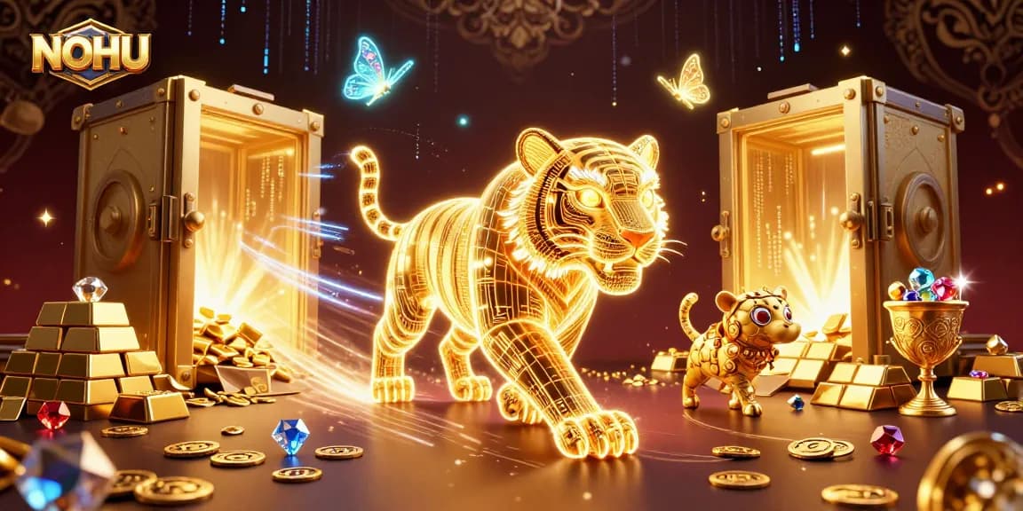 Experience the thrill of NOHU as a golden tiger prowls a vibrant casino landscape filled with treasure.