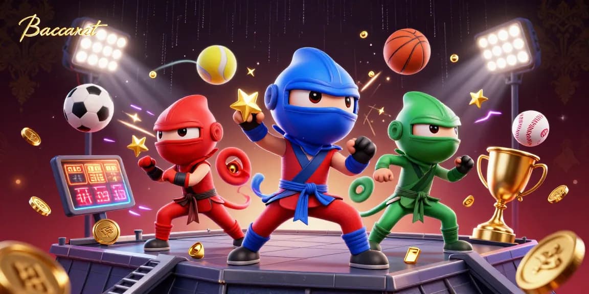 Baccarat ninja chameleons engage in dynamic martial arts against a vibrant casino backdrop.