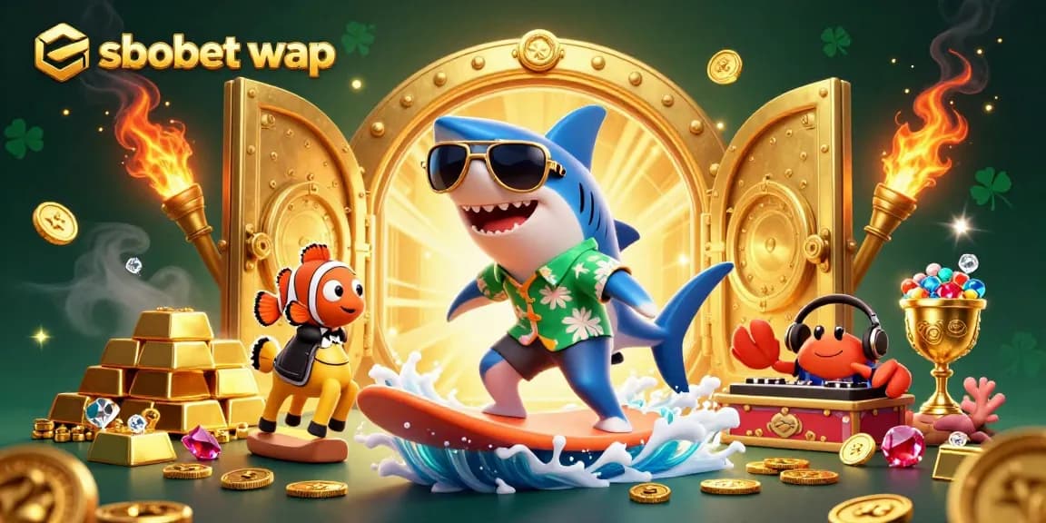 Experience sbobet wap with vibrant 3D shark surfing on golden coins, enhancing mobile betting excitement.