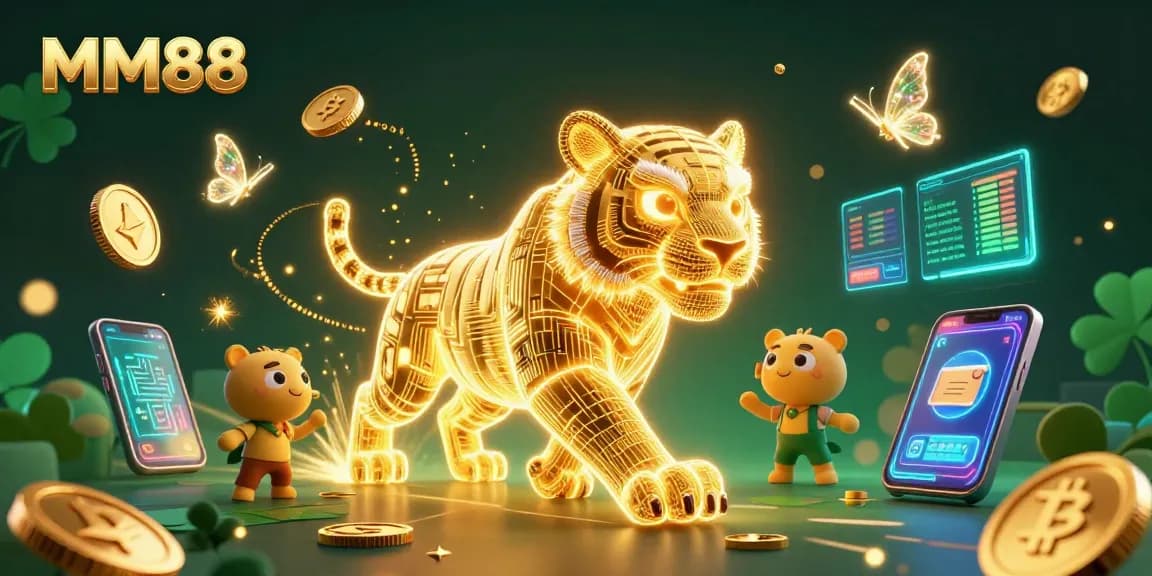 Experience thrilling action at MM88 with a neon golden tiger amidst a vibrant digital casino scene.