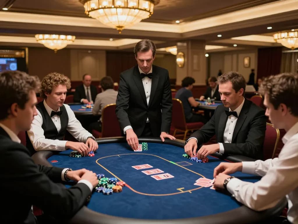 Para pemain Defineyouniversity terlibat dalam permainan poker bernilai tinggi di lingkungan kasino mewah.