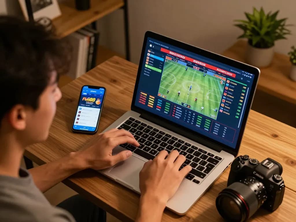 Engaging gameplay at fun88 with a player placing bets on a laptop in a cozy environment.