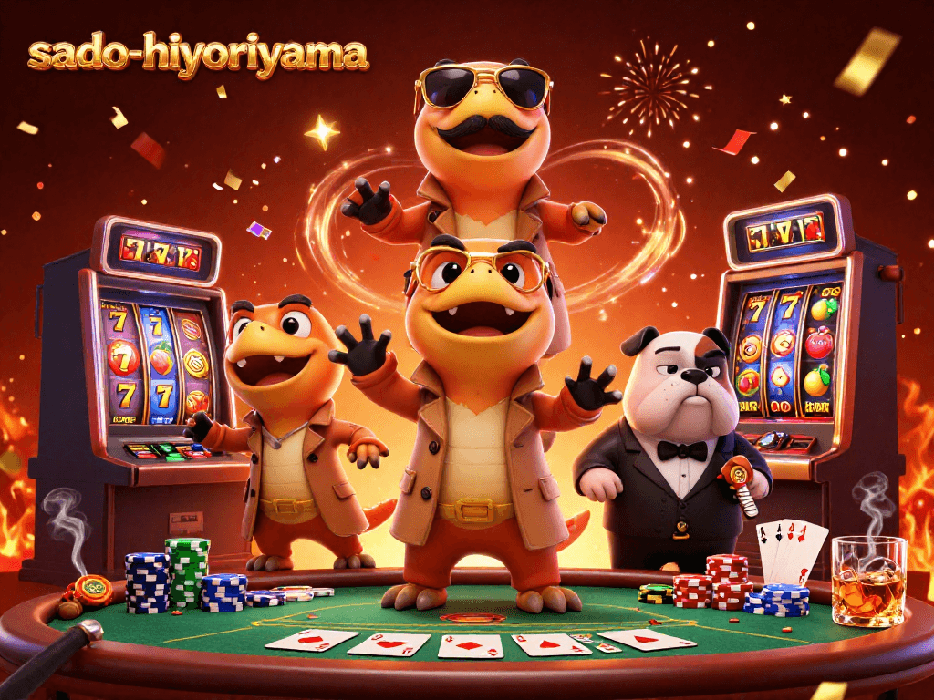 Sado-hiyoriyama showcases raptors in a trench coat entering a VIP casino lounge while dynamic gaming elements surround them.