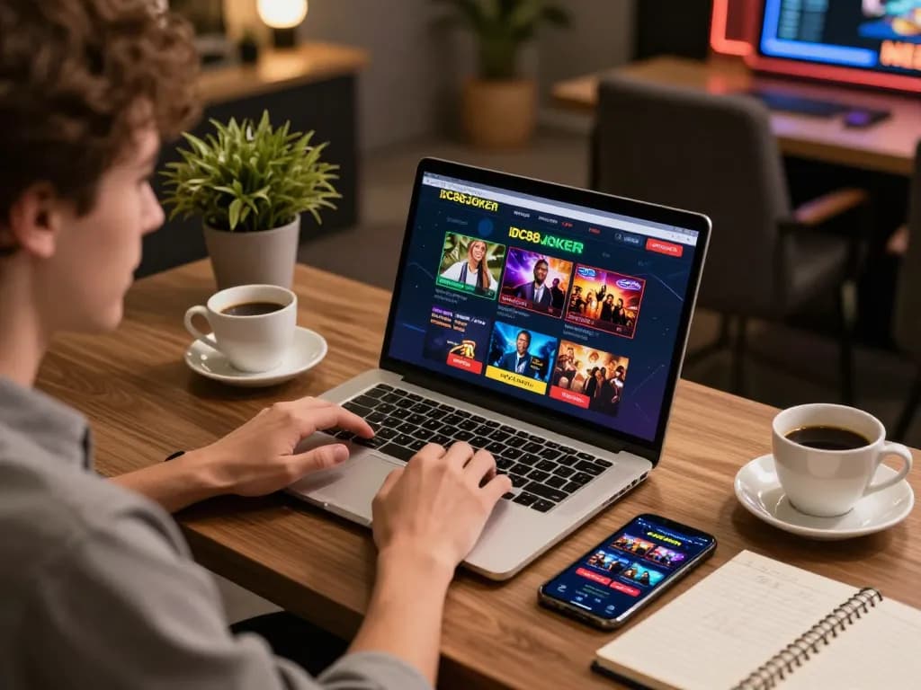 Play exciting games on IDC88JOKER while enjoying a cozy home setup with a laptop.