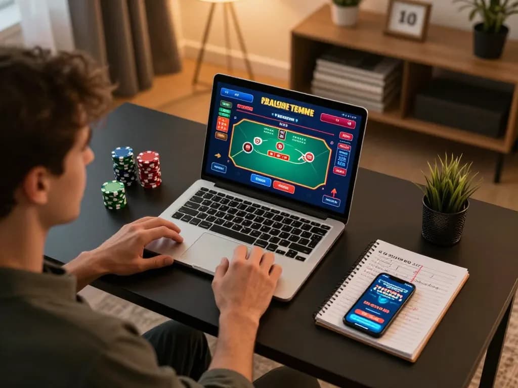 Engaging in poker gameplay on laptop showcasing link cm88 mới nhất, illustrating strategic online betting.