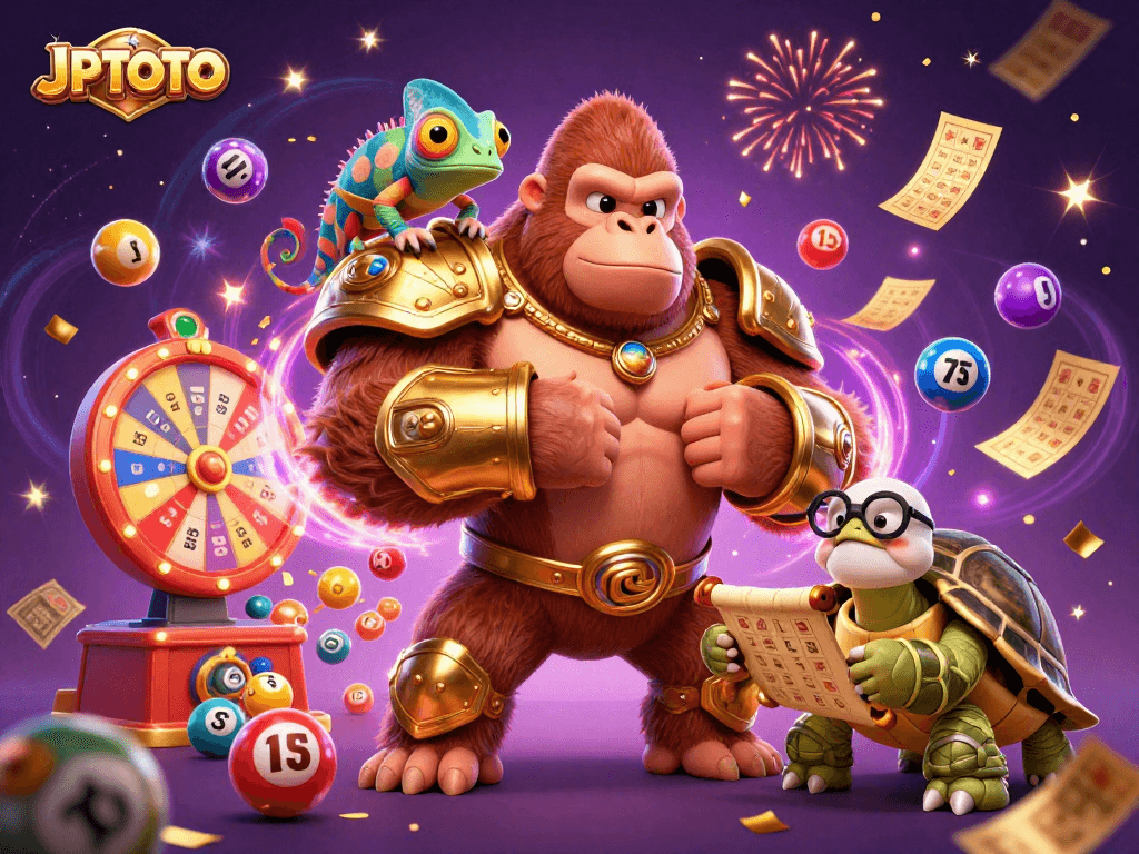 Engage with JPTOTO lottery excitement featuring vibrant characters and dynamic gaming elements.