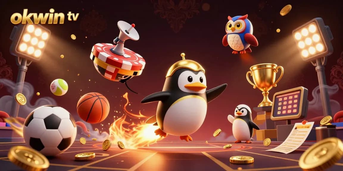 Experience live sports excitement with okwin tv in a vibrant, animated gambling scene filled with trophies and balls.