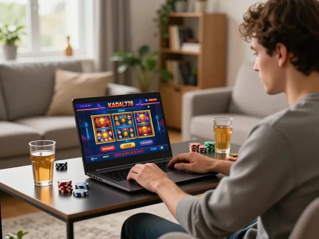 KADAL778 player engaged in online gaming, focusing on laptop display of colorful casino games.