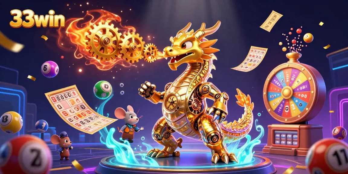 Experience thrilling gaming action with the golden dragon of 33win surrounded by dynamic lottery elements.