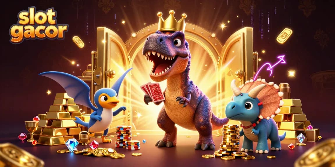 Memenangkan slot gacor dengan T-Rex bermain kartu dan triceratops menumpuk chip emas.