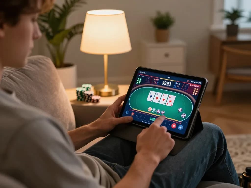Sunwin player engaging in online poker with tablet in cozy home setting, showcasing responsible gaming.