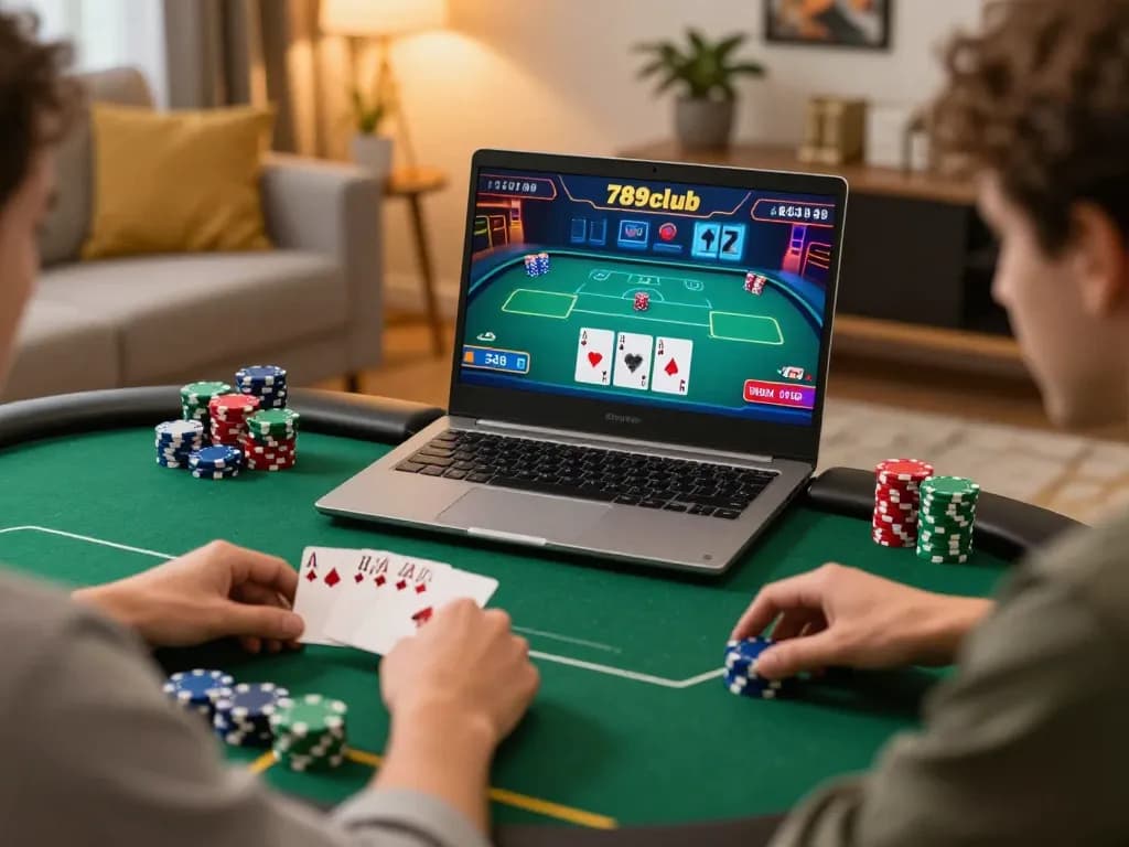 Engaged player enjoying a poker game at home with 789club interface visible, emphasizing online gaming experience.