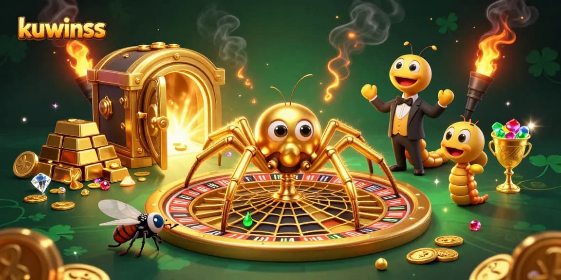 Bettors explore golden treasures at kuwinss with a roulette wheel and a vibrant casino atmosphere.