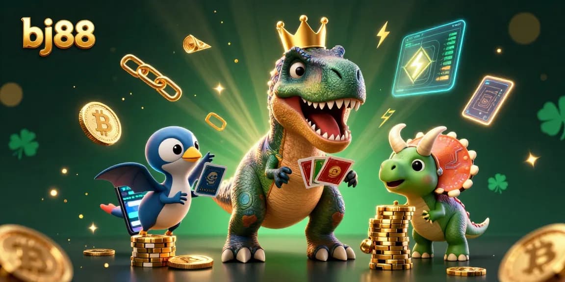 BJ88 players enjoy thrilling gaming moments with a T-Rex shuffling cards, a pterodactyl assisting, and a triceratops stacking golden chips.