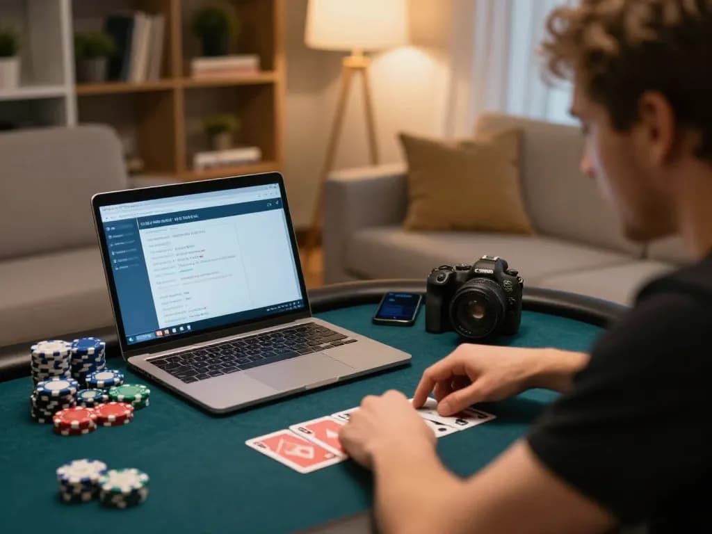 Engaged player tracking bankroll on smartphone while playing poker online at https://sc88.casino/ in cozy home setting.