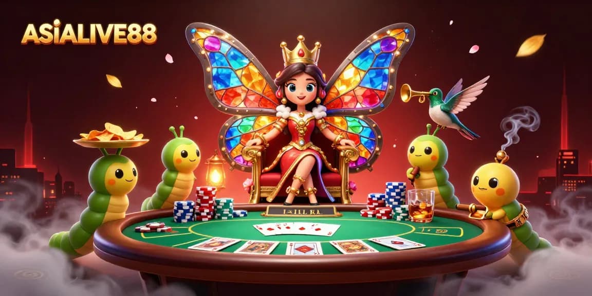 Engage with ASIALIVE88 in a vibrant casino scene featuring a butterfly queen amidst poker elements.