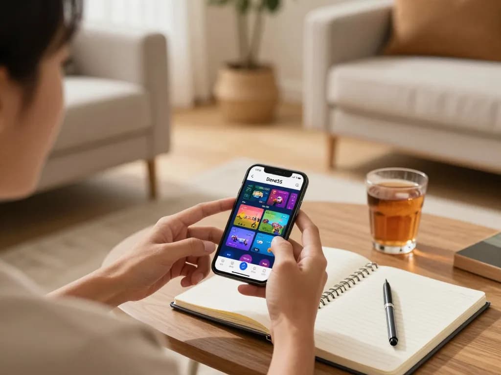 Engaging with Done55 on smartphone in cozy home setting with strategic notes.