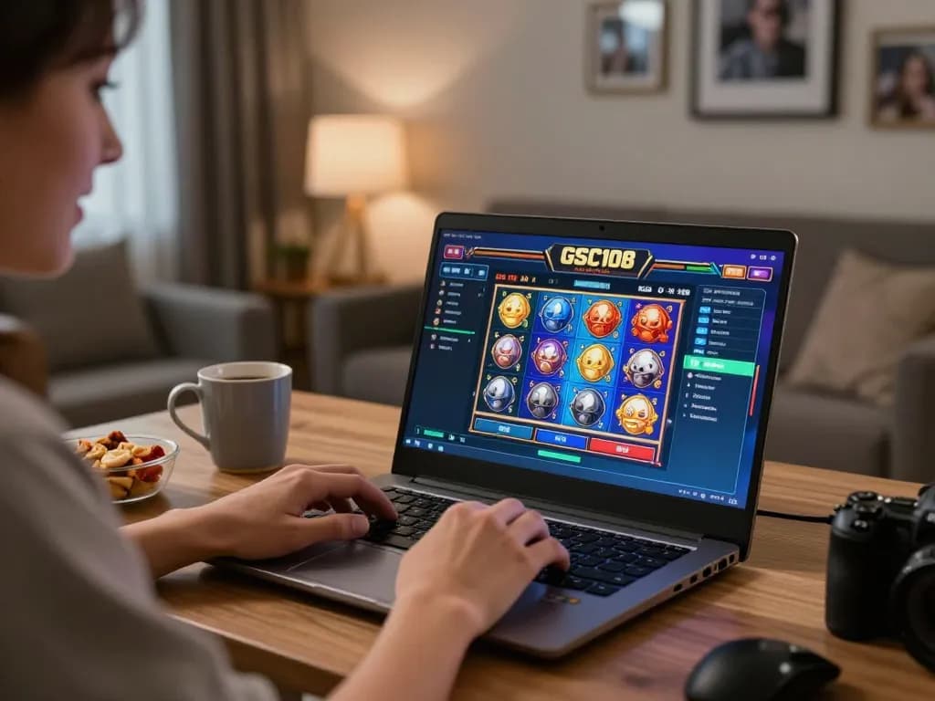 Bergabung dalam sesi permainan GSC108 Daftar di laptop dalam pengaturan rumah yang nyaman