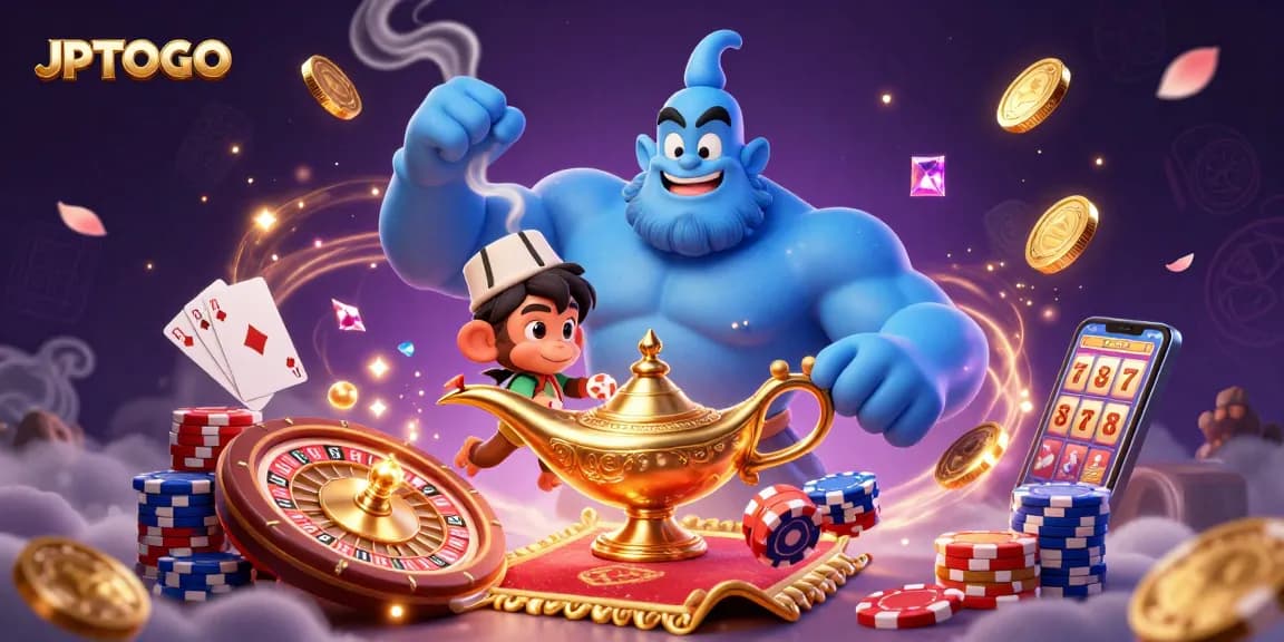 Experience JPTOTO's magical gaming adventure with a genie, monkey, and casino elements.