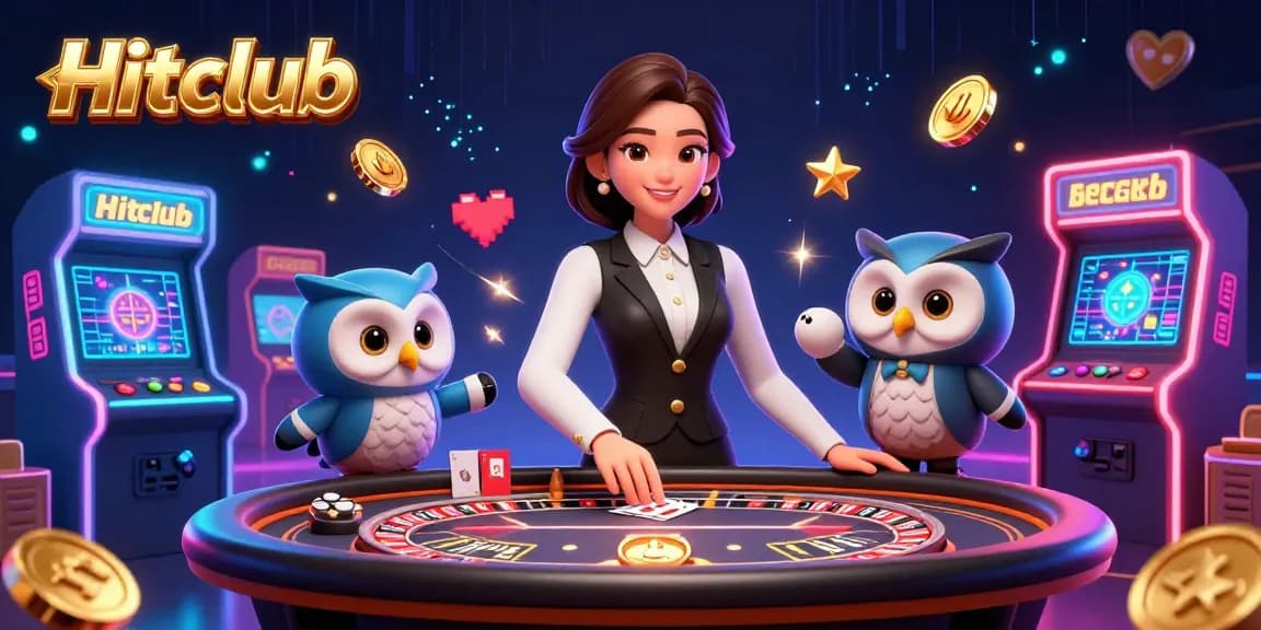 Experience thrilling gameplay at Hitclub with dealers and arcade machines in an animated casino scene.