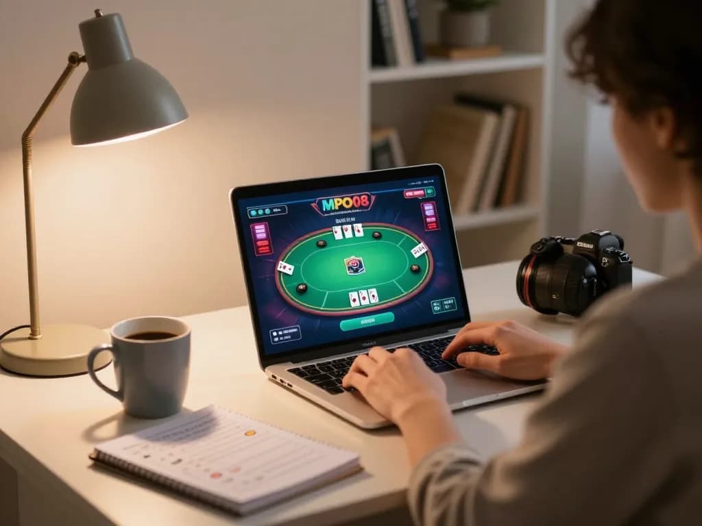 MPO08 player engaging in online poker at home with warm ambiance and strategic notes.