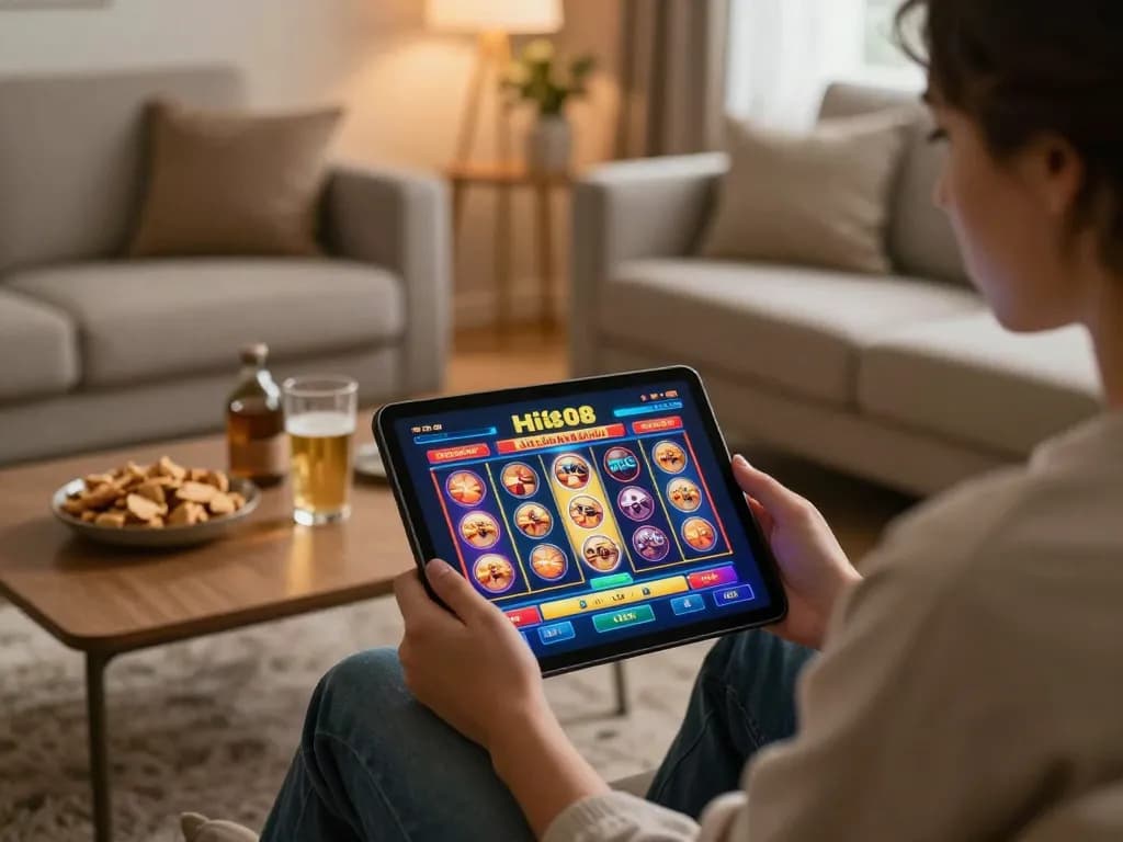 hi88 player engaging with slots on tablet in cozy living room setting, warm light creates inviting atmosphere