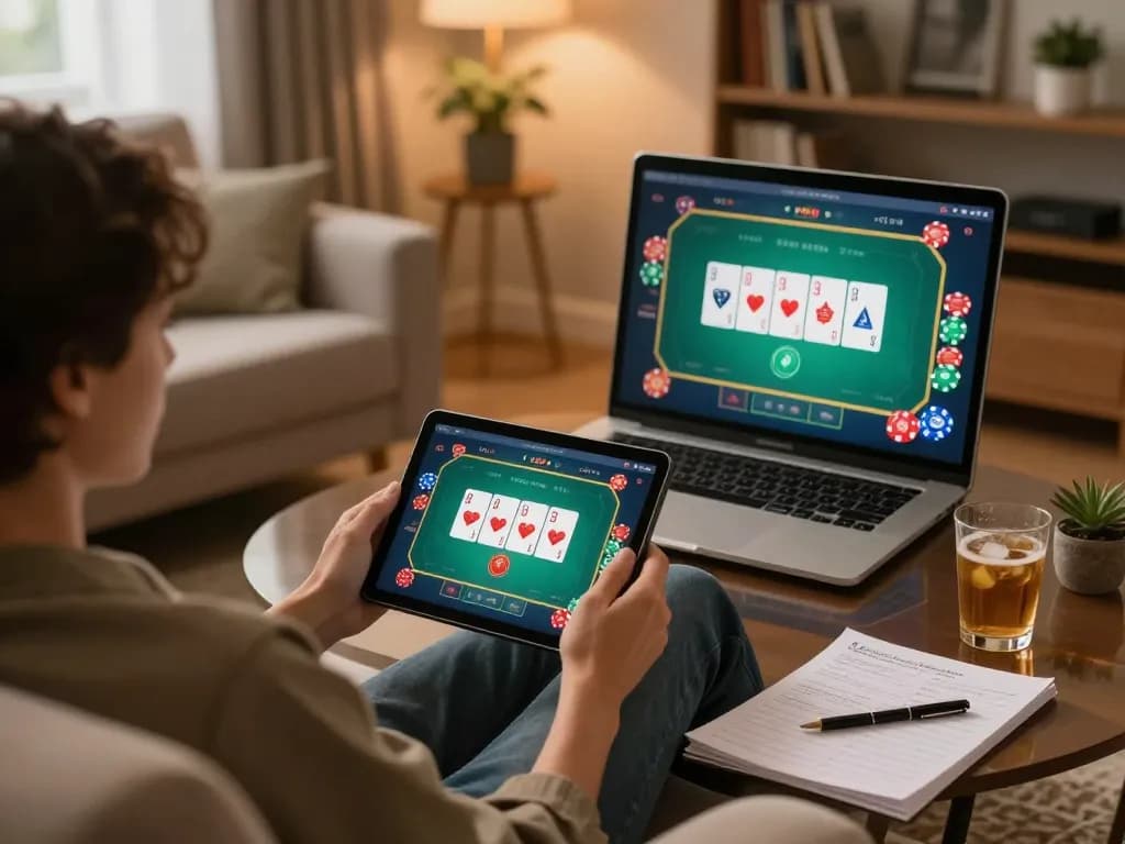 Player enjoying go8 online gaming with a tablet, showcasing poker strategy in a cozy setting