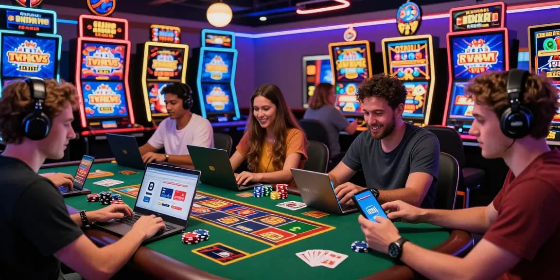 Engaged players exploring credit card casinos on various devices, vibrant online gaming environment, showcasing excitement and bonuses.