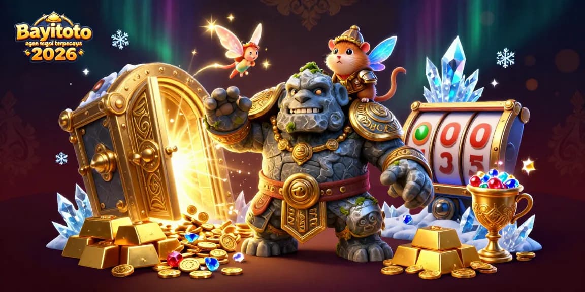 Engage with bayitoto agen togel terpercaya 2026 in a lively 3D casino scene filled with treasures.