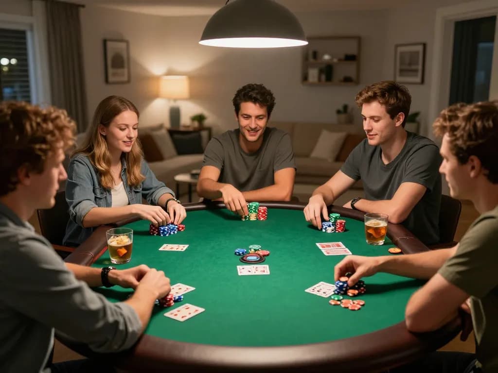 Sahabat berbagi malam poker yang mendebarkan, merencanakan strategi di atas keripik dan kartu di rumah dengan OVO303.
