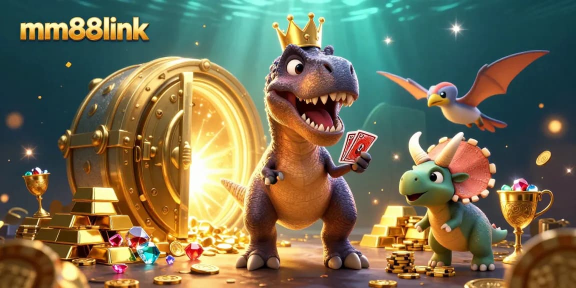 Experience the thrill of gaming at mm88link with animated characters stacking chips and shuffling cards amidst riches.