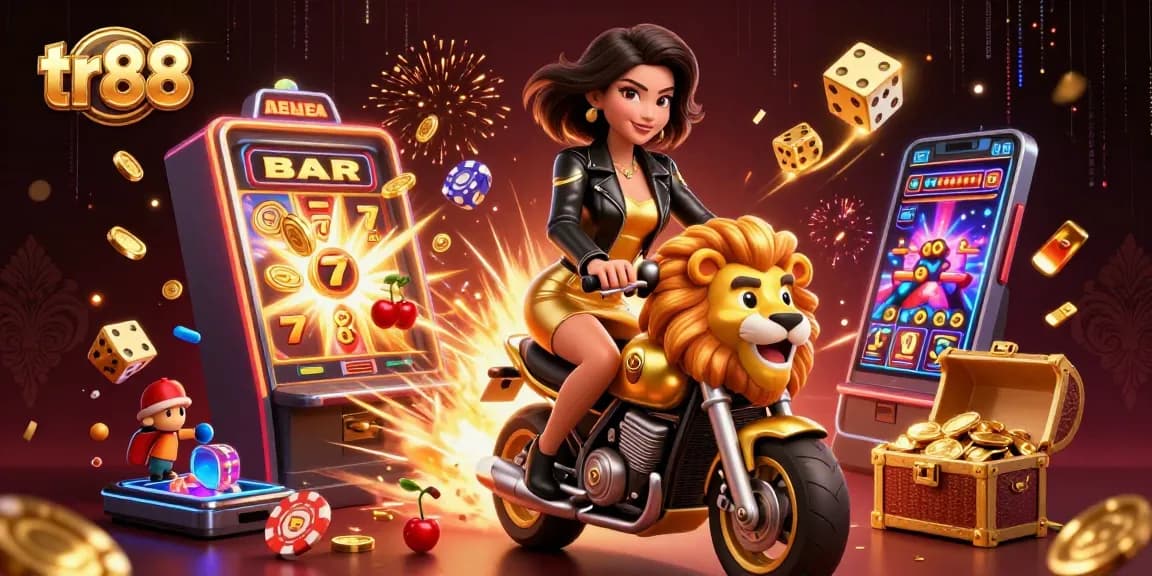 Experience thrilling winning action at the TR88 casino with vibrant 3D illustrations and gaming elements.