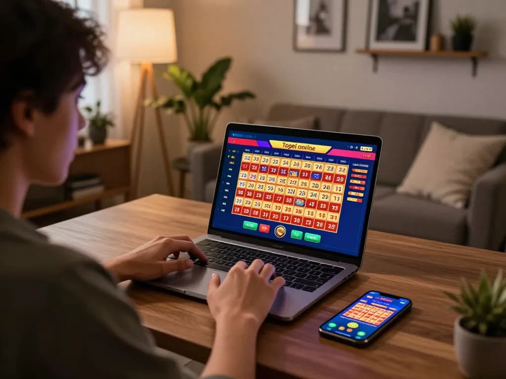 Engaging in togel online gaming at home with a laptop showcasing lottery numbers and a betting app.