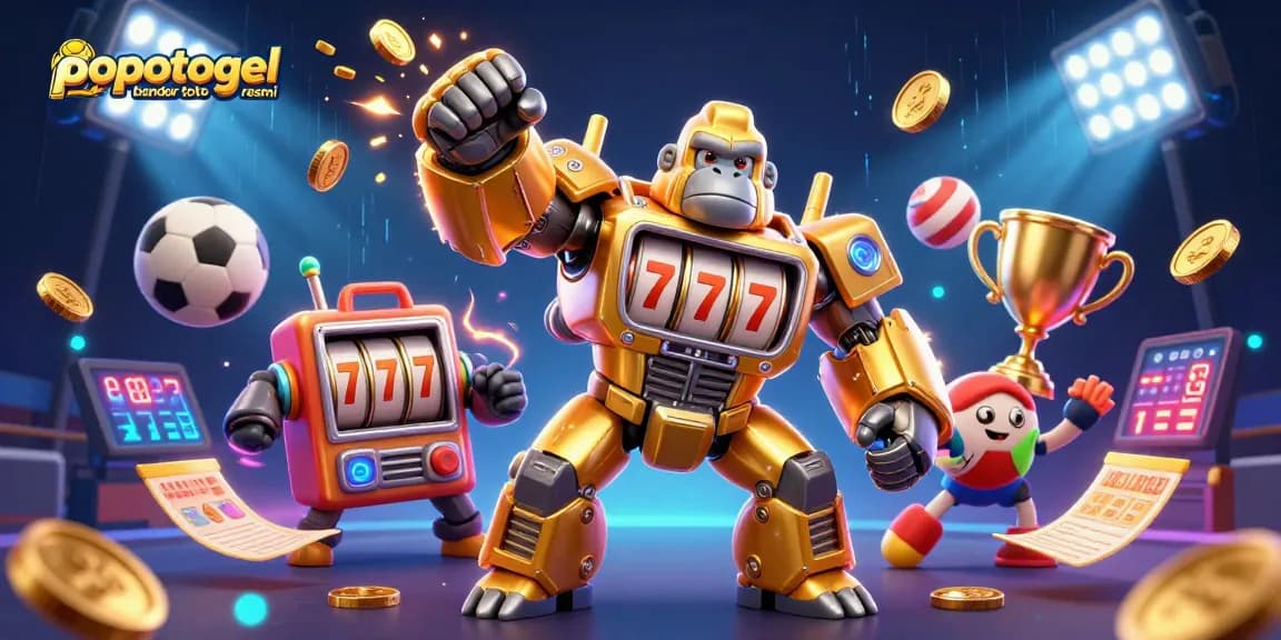 Engage with popotogel bandar toto resmi featuring a dynamic golden gorilla mech and lively sports elements.