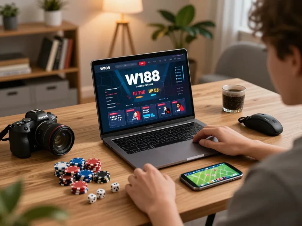 Engaging with the W188 platform for online gambling strategy at home.
